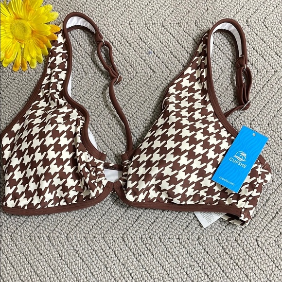 (NEW) CUPSHE Brown and White Bikini Top - Picture 1 of 9
